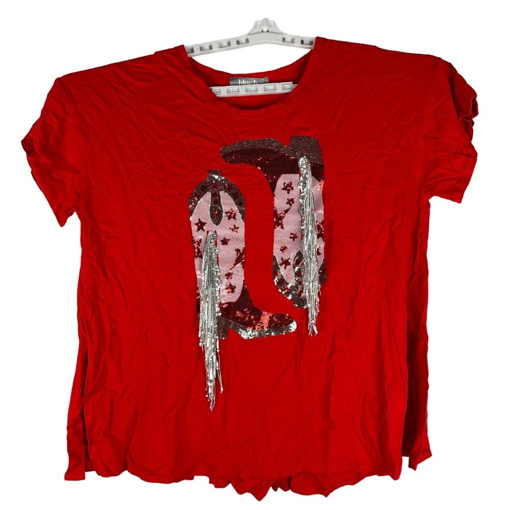Red Blue b Collection Womens Sequin Cowboy Boot T-Shirt Size S